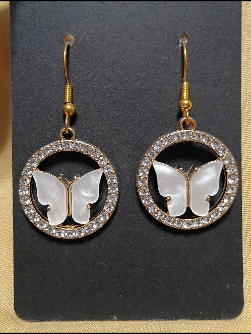 Gold-Tone Butterfly Drop Earrings with White Inlay and Crystal Halo